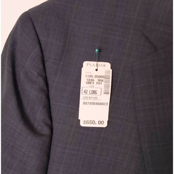 Jos A Bank Suit Jacket 42L Slim Fit Gray windowpane Wool 2 Button MSRP $650 EUC - Picture 9 of 9